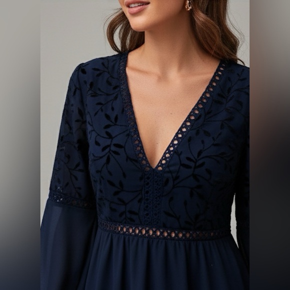 Guipure Lace Insert Lantern Sleeve Chiffon Dress Blue - Picture 7 of 12